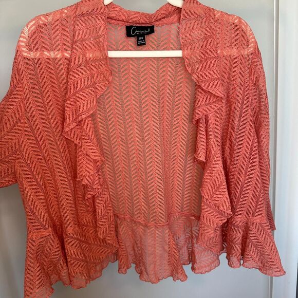 Vintage Connected Apparel Ruffle Cardigan, Y2K Pink Leaf-Patterned Flowy Blouse - Picture 6 of 6